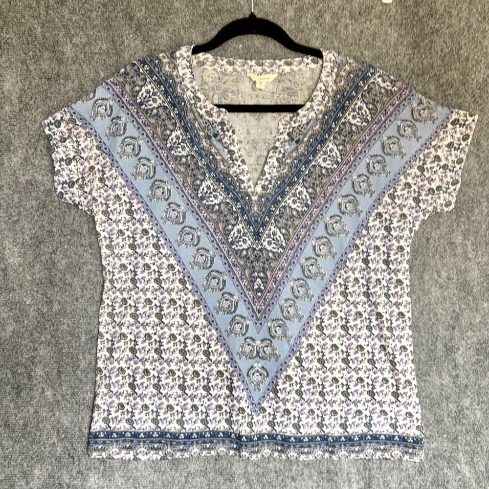 Lucky Brand Womens Med Top V-Neck Blue Purple Floral Paisley Short Sleeve Boho